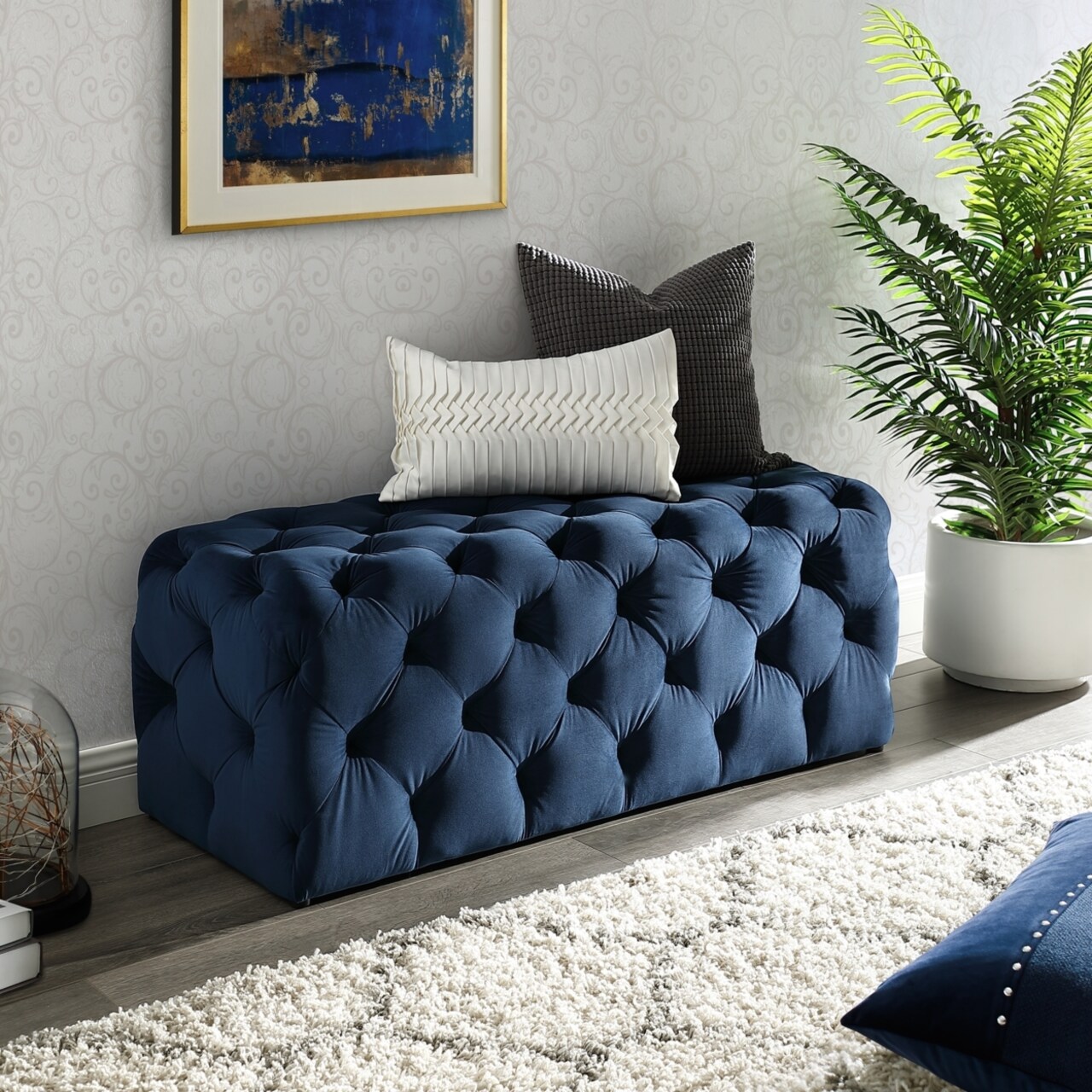 Inspired Home Adrianna Velvet or Linen Bench-Allover Tufted-Modern and Functional by